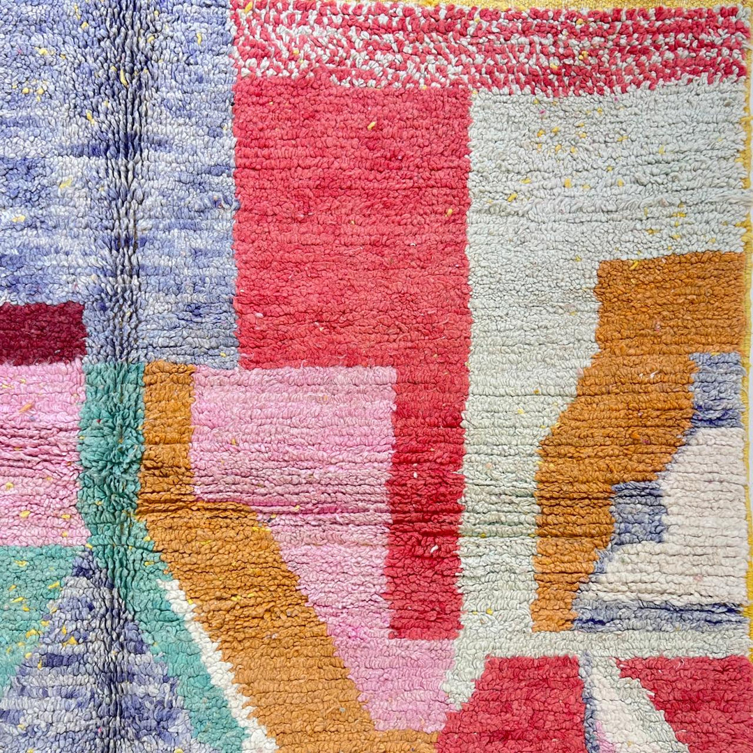 Vintage Moroccan wool rug 831 – handmade Berber carpet with colorful geometric abstract patterns, 305 × 187 cm (10.00 × 6.13 ft).