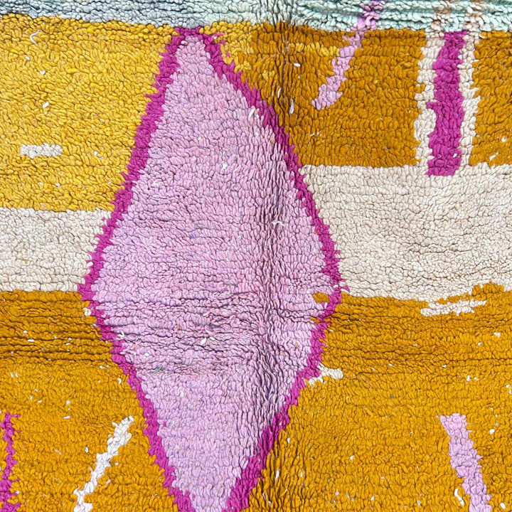 Vintage Moroccan wool rug 745 – handmade orange and pink Berber carpet with geometric diamond pattern (251 × 173 cm / 8.23 × 5.67 ft).