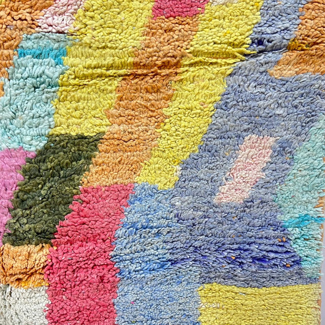 Vintage Moroccan wool rug 197 – handmade colorful geometric abstract Berber design (245 × 156 cm).