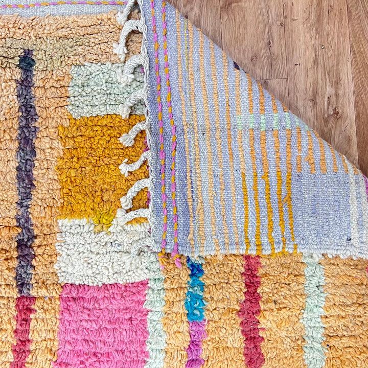 Vintage Moroccan wool rug 874 – colorful handmade Berber carpet with mustard, pink, and orange abstract stripes, 293 × 246 cm (9.61 × 8.07 ft).