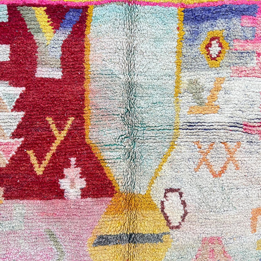 Vintage Moroccan wool rug BA106 – handmade colorful Berber carpet with yellow and pink geometric patterns (210 × 310 cm / 6.88 × 10.17 ft).