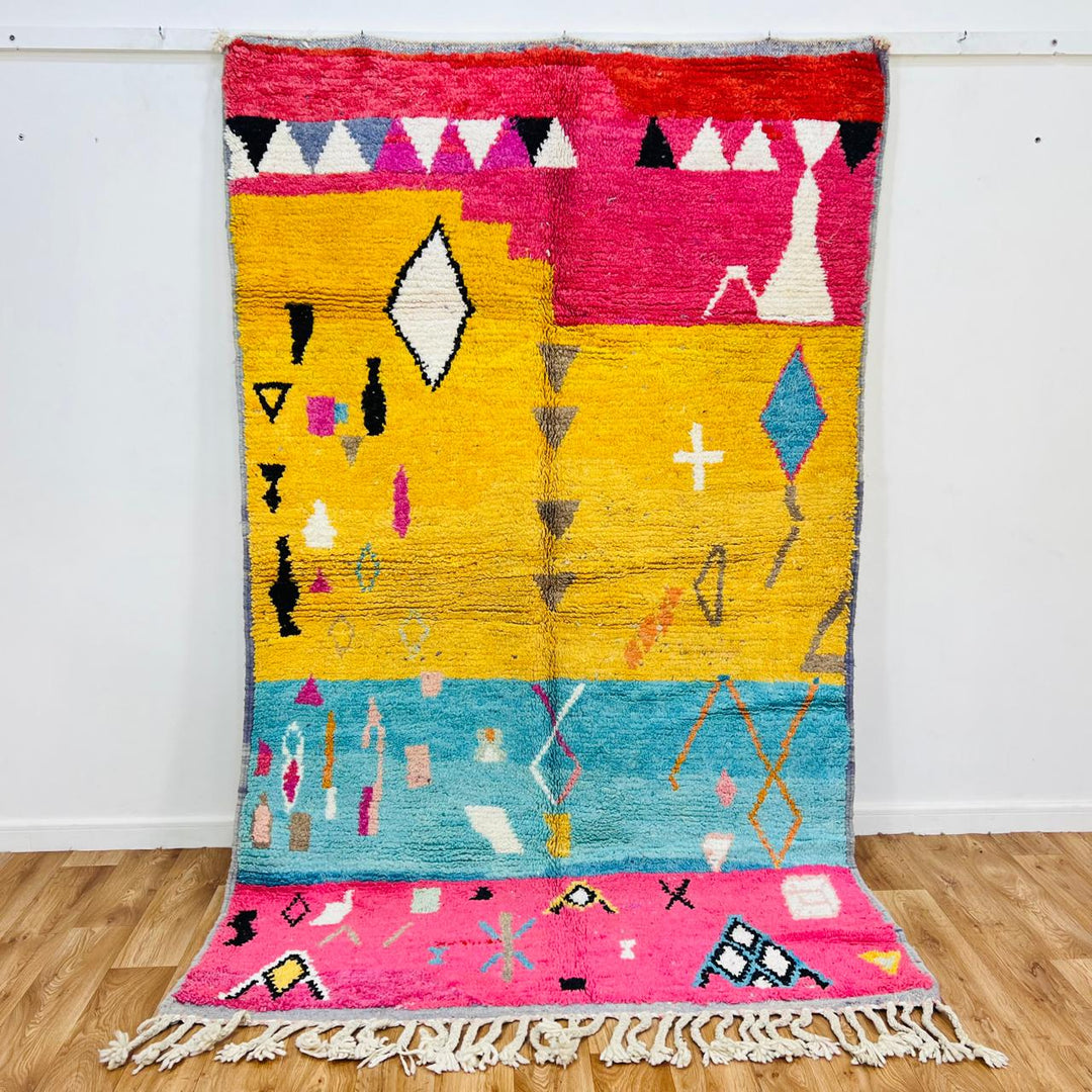 Vintage Moroccan wool rug with colorful geometric Berber patterns in yellow, pink, turquoise and ivory, handmade in Morocco, rug 461