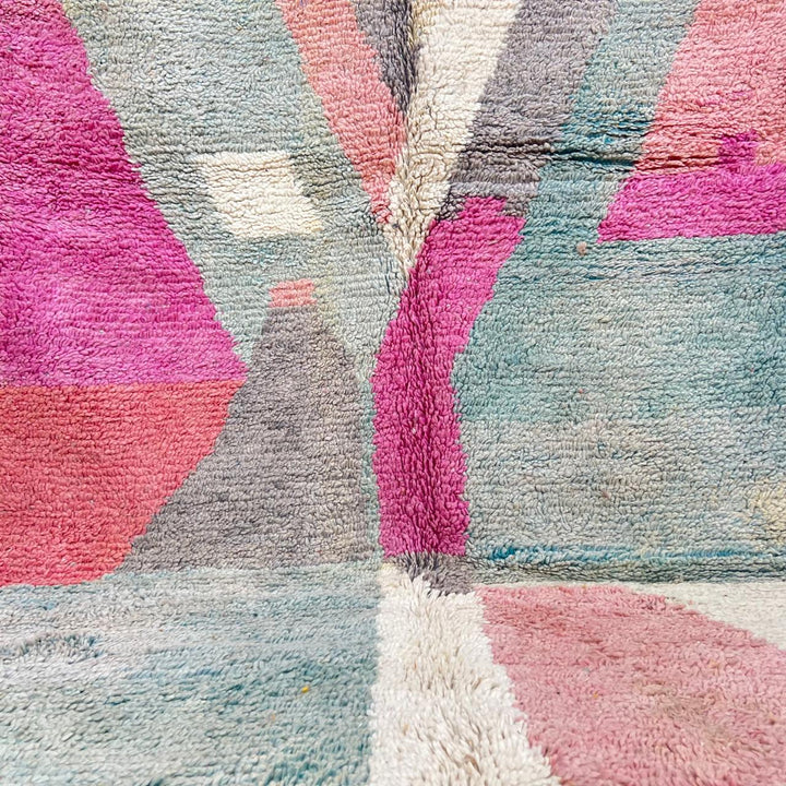 Vintage Moroccan Wool Rug 182 – handmade geometric pastel Moroccan rug in pink, teal, and beige tones (268 × 149 cm).