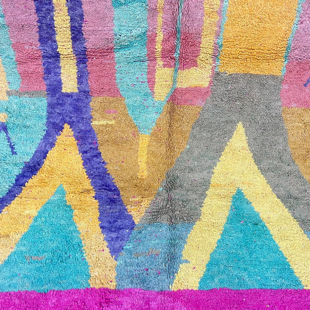 Vintage Moroccan wool rug 843 – handwoven Berber carpet with colorful pink, yellow, green and purple geometric design (316 × 198 cm).