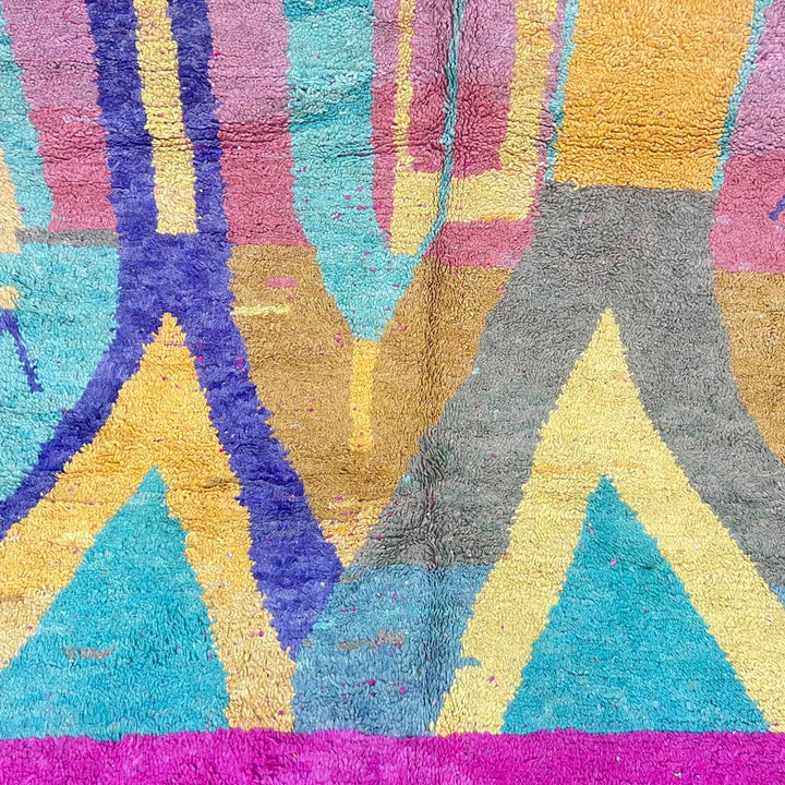 Vintage Moroccan wool rug 843 – handwoven Berber carpet with colorful pink, yellow, green and purple geometric design (316 × 198 cm).