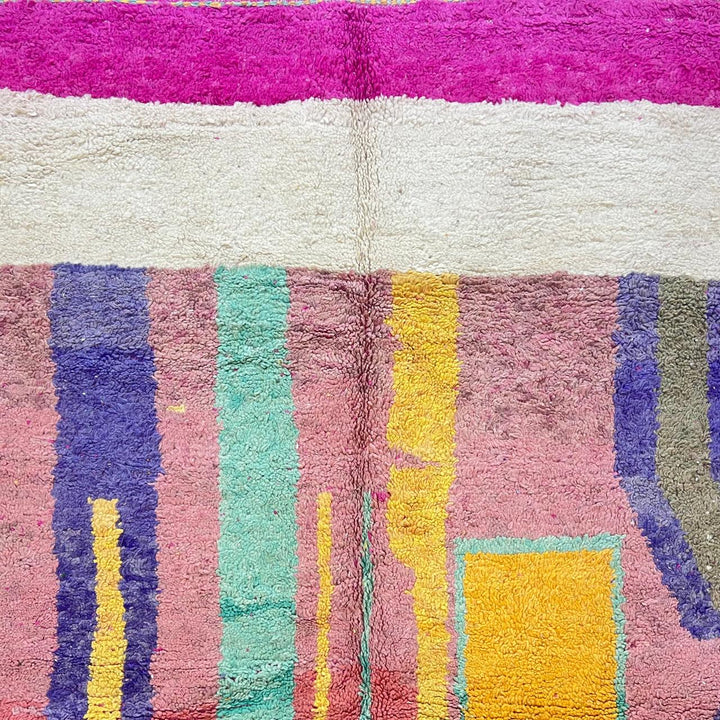 Vintage Moroccan wool rug 843 – handwoven Berber carpet with colorful pink, yellow, green and purple geometric design (316 × 198 cm).