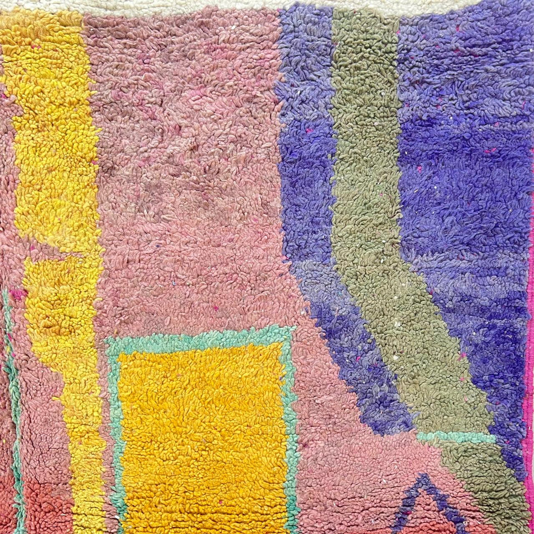 Vintage Moroccan wool rug 843 – handwoven Berber carpet with colorful pink, yellow, green and purple geometric design (316 × 198 cm).