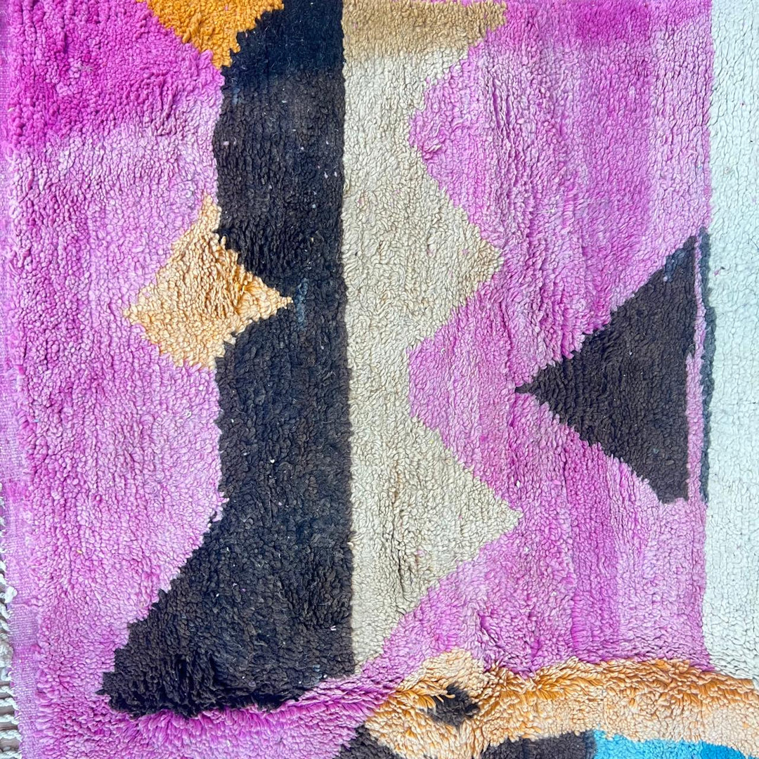 Vintage Moroccan wool rug 842 – handmade Berber carpet in multicolor abstract design with pink, yellow, turquoise, and cream tones (296 × 200 cm).