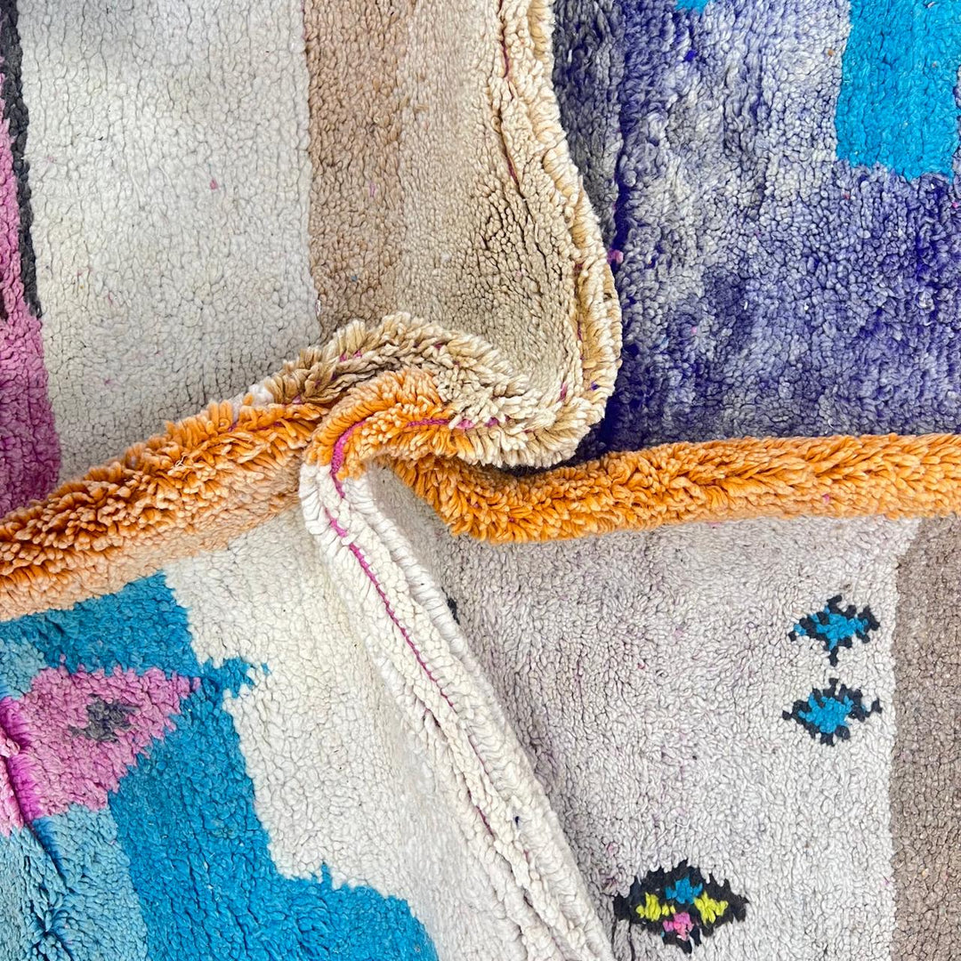 Vintage Moroccan wool rug 842 – handmade Berber carpet in multicolor abstract design with pink, yellow, turquoise, and cream tones (296 × 200 cm).