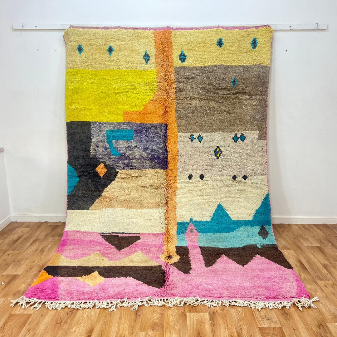 Vintage Moroccan wool rug 842 – handmade Berber carpet in multicolor abstract design with pink, yellow, turquoise, and cream tones (296 × 200 cm).