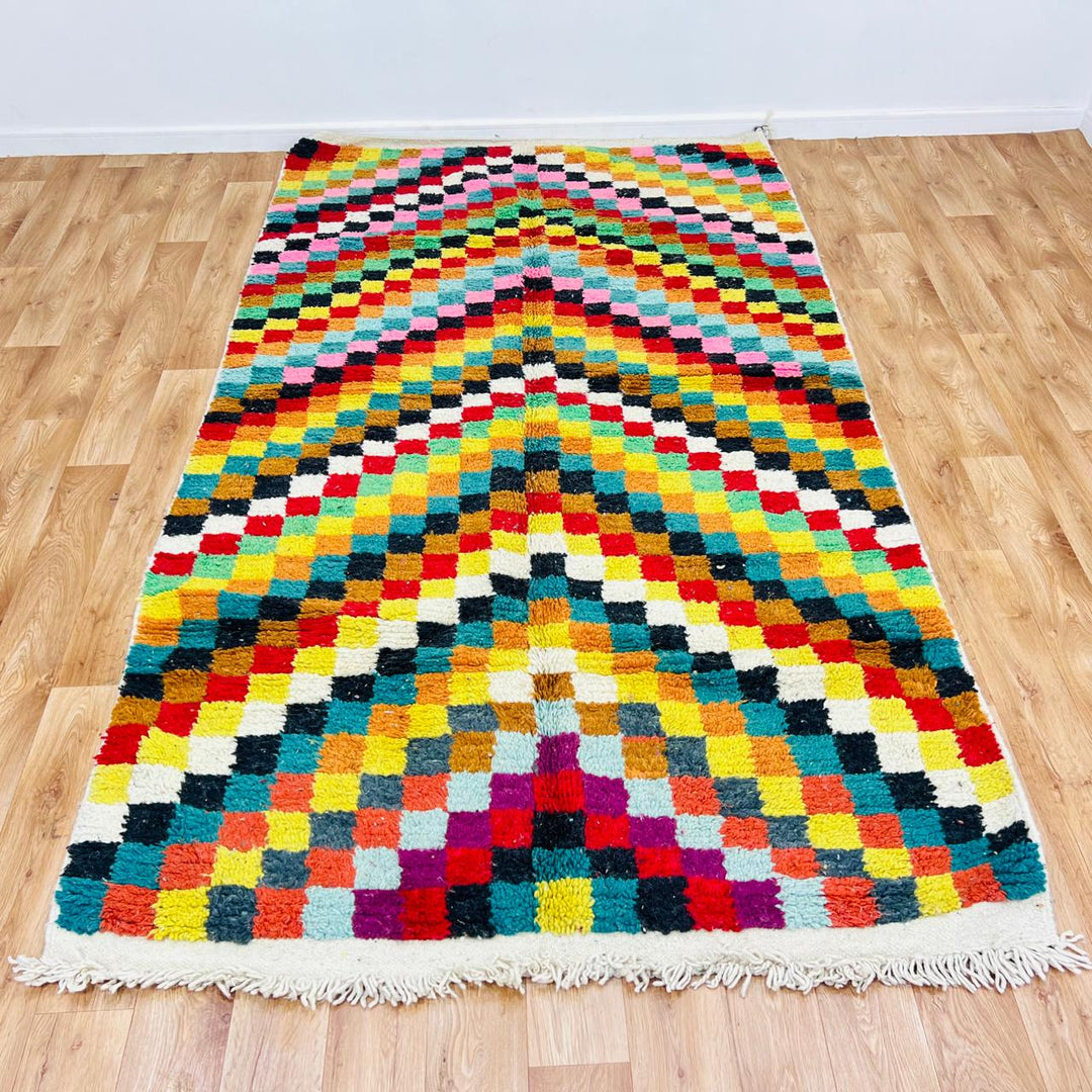 Vintage Moroccan checkered wool rug with colorful geometric squares, handmade Berber rug from Morocco, 280 x 157 cm