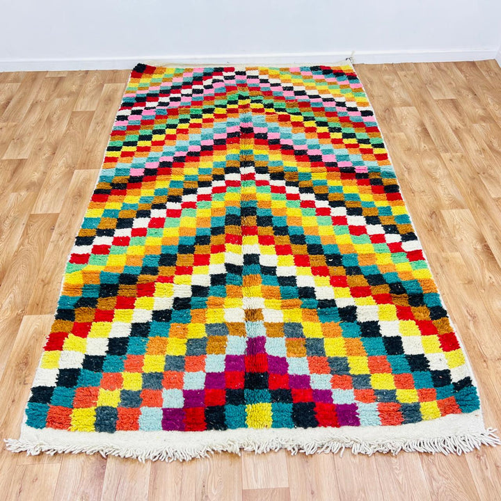 Vintage Moroccan checkered wool rug with colorful geometric squares, handmade Berber rug from Morocco, 280 x 157 cm