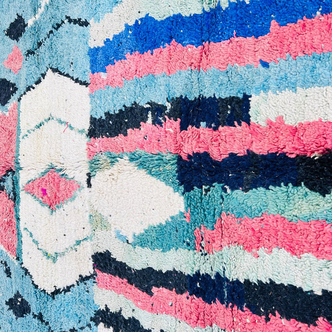 Vintage Moroccan Wool Rug – Teal Blue &amp; Pink Tribal Design 738