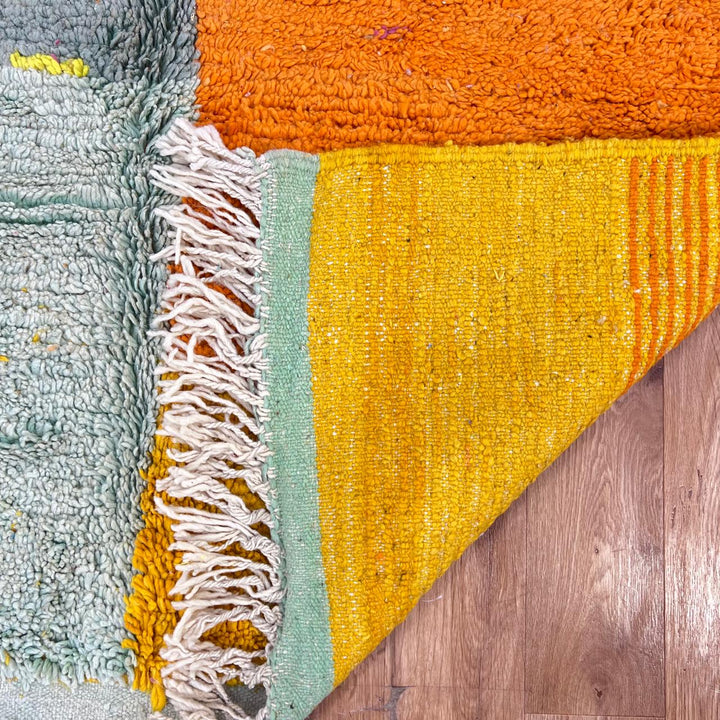 Vintage Moroccan wool rug 758 – handmade color block Berber carpet with yellow, turquoise, orange, and magenta tones (251 × 154 cm / 8.23 × 5.05 ft).