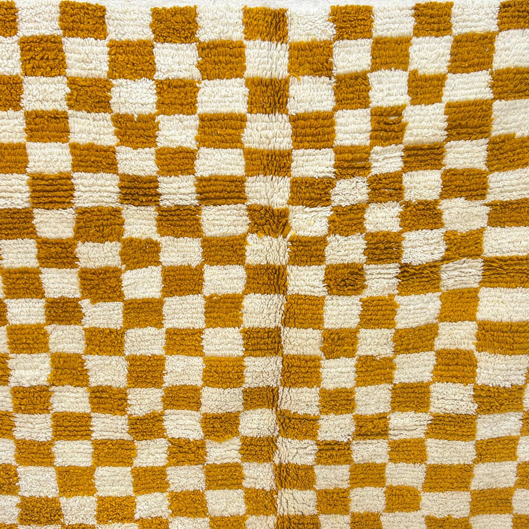 Vintage Moroccan Wool Rug 133 – handmade mustard and cream checkerboard Moroccan wool rug (240 × 172 cm).