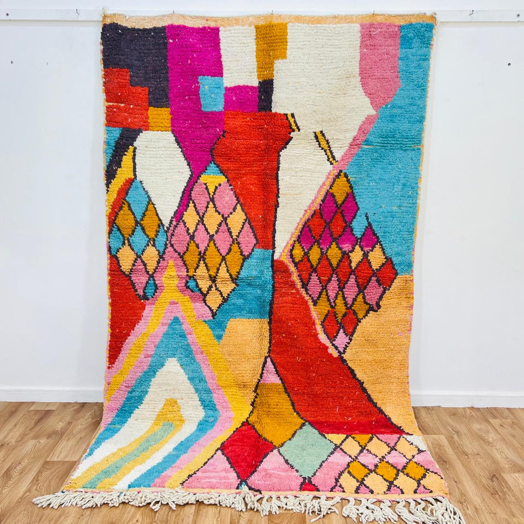 Vintage Moroccan wool rug with bold abstract geometric patterns in red, pink, yellow and blue, handwoven by Berber artisans – Rug 280