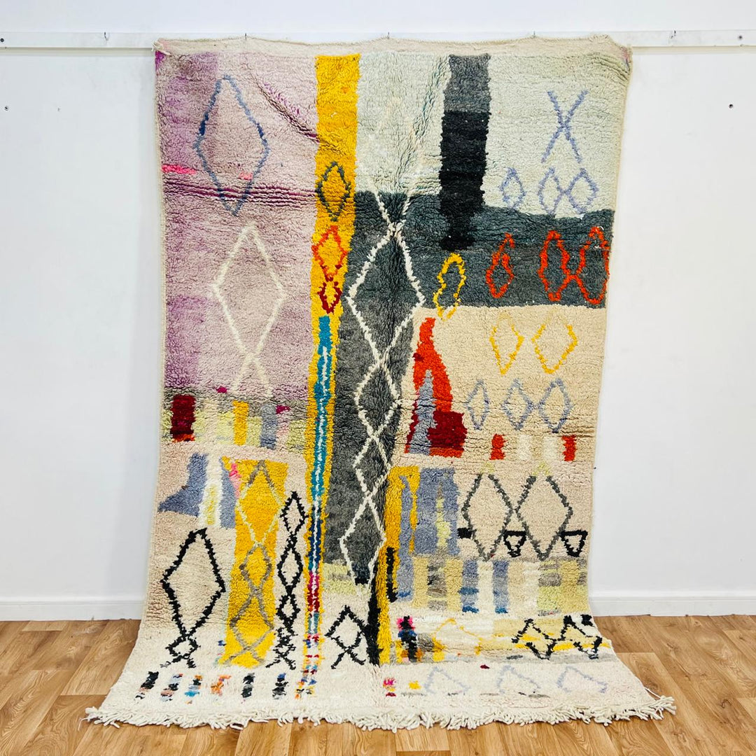 Vintage Moroccan wool rug JNN – handmade colorful Berber wool carpet 260 × 157 cm (8.63 × 5.18 ft).