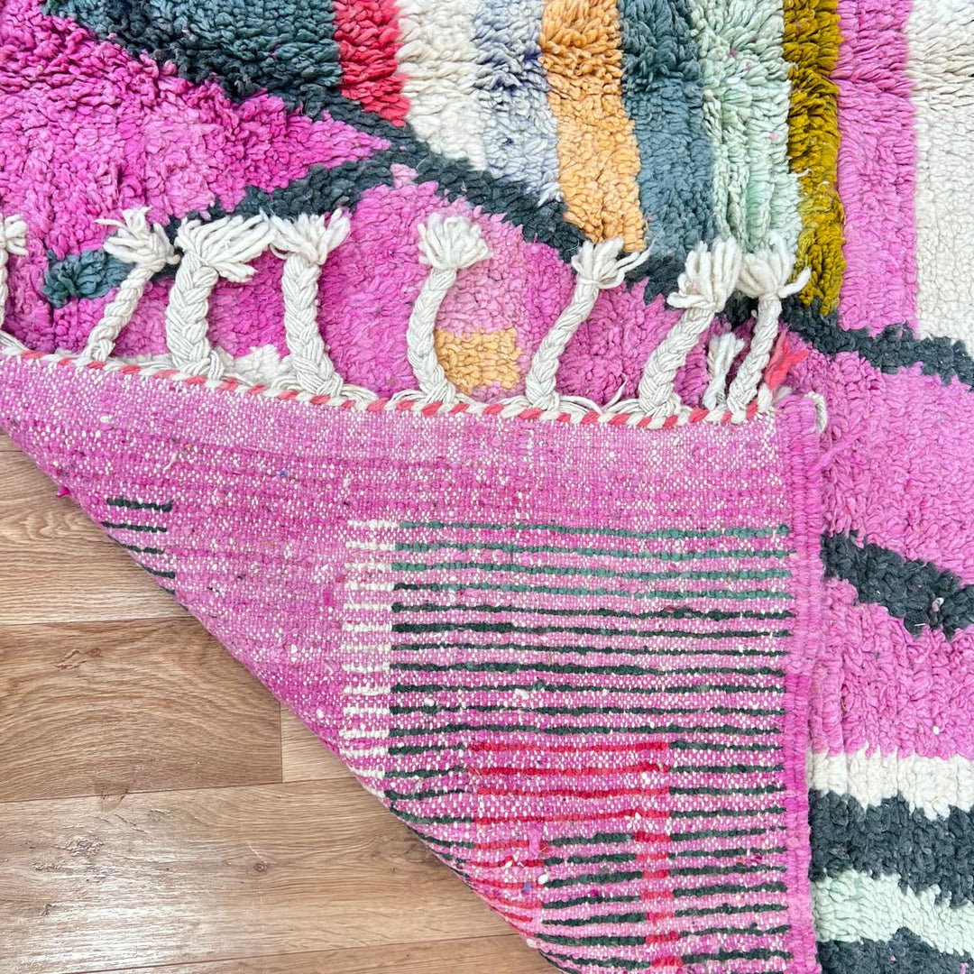 Vintage Moroccan wool rug 840 – handmade pink and yellow Berber carpet with geometric and abstract motifs (295 × 203 cm / 9.68 × 6.66 ft).