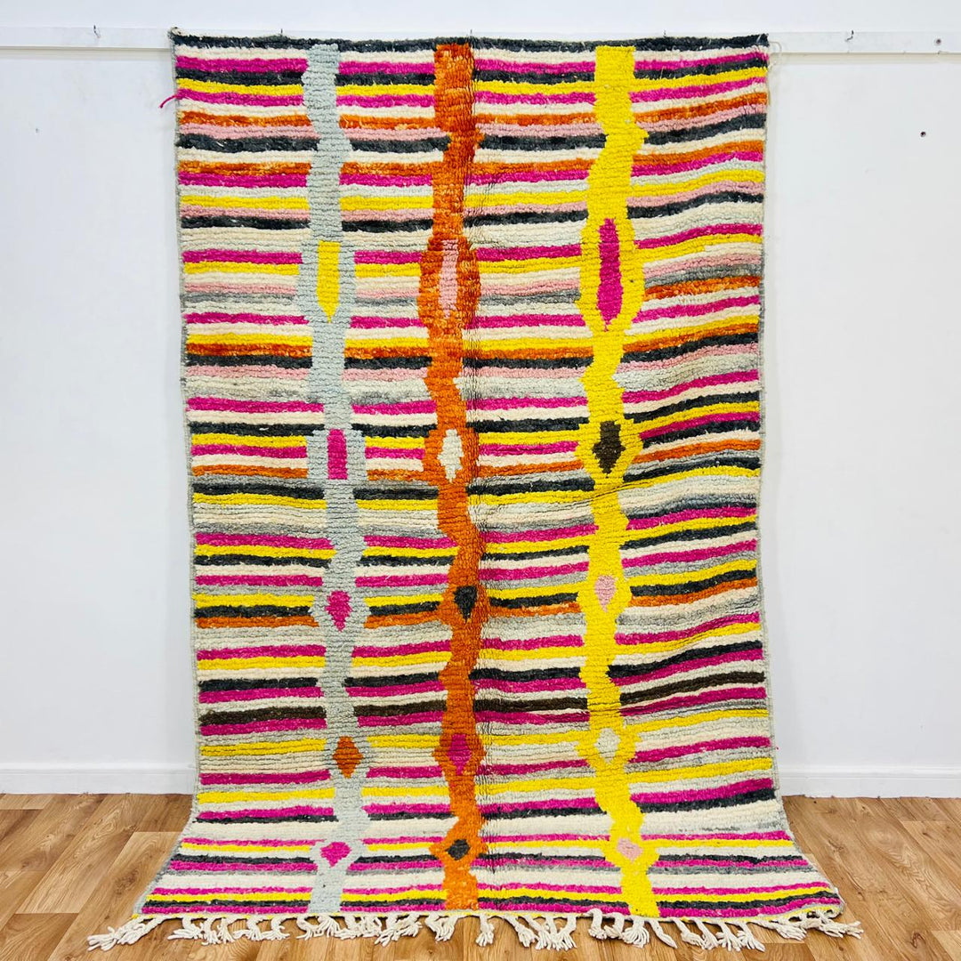 Vintage Moroccan striped wool rug with colorful geometric stripes, handmade Berber carpet 243x157 cm