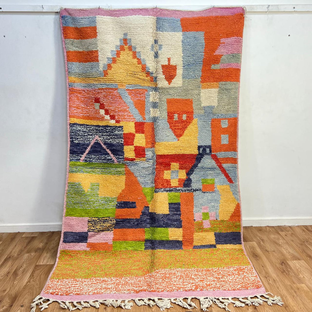 Vintage Moroccan wool rug 769 – handmade colorful abstract Berber carpet in orange, yellow and pink (262 × 156 cm / 8.59 × 5.11 ft).