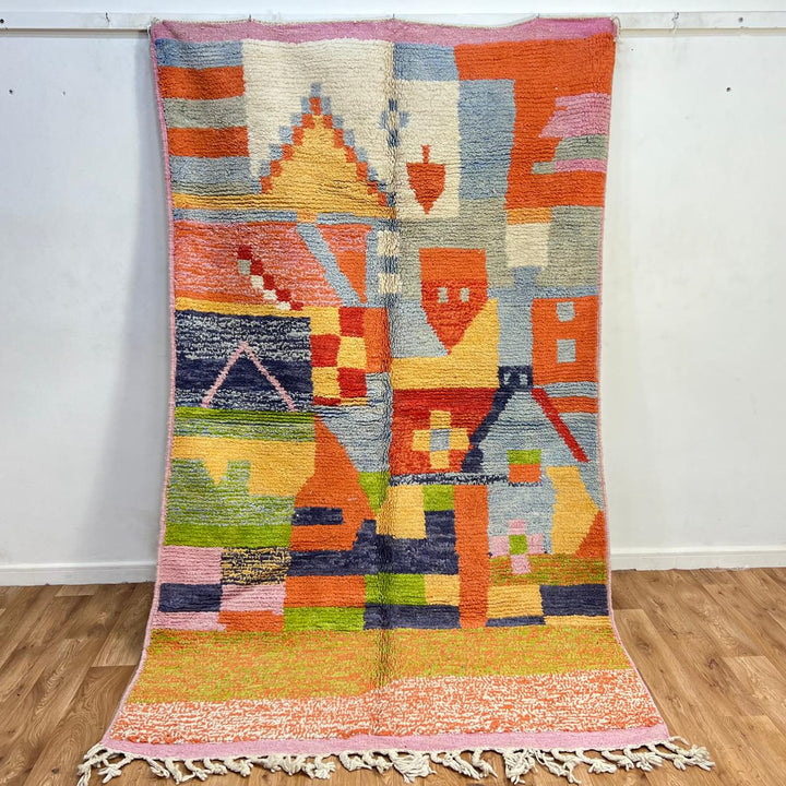 Vintage Moroccan wool rug 769 – handmade colorful abstract Berber carpet in orange, yellow and pink (262 × 156 cm / 8.59 × 5.11 ft).