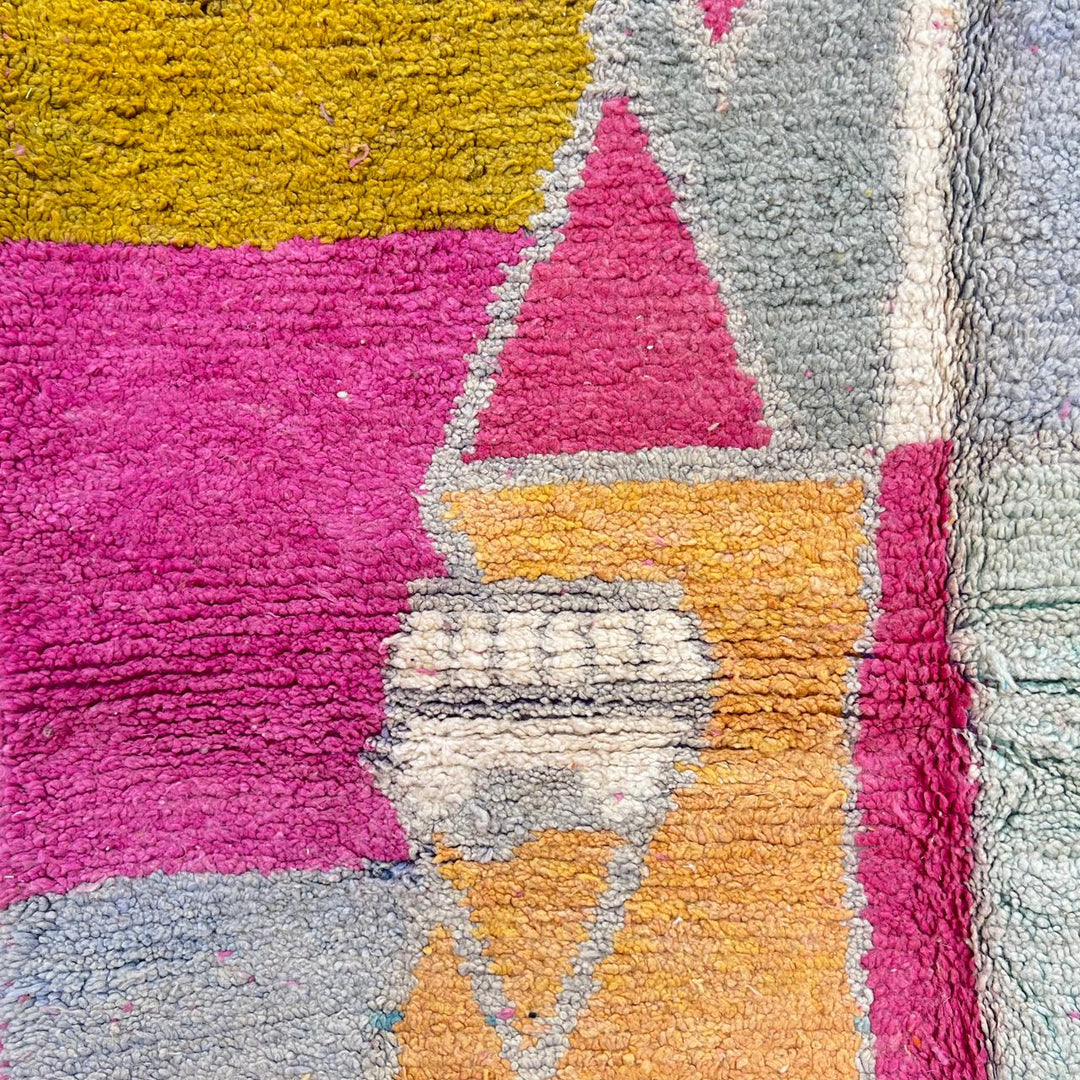Vintage Moroccan wool rug 732 – handmade pink and mustard Berber carpet with geometric color block design (258 × 155 cm / 8.46 × 5.08 ft).