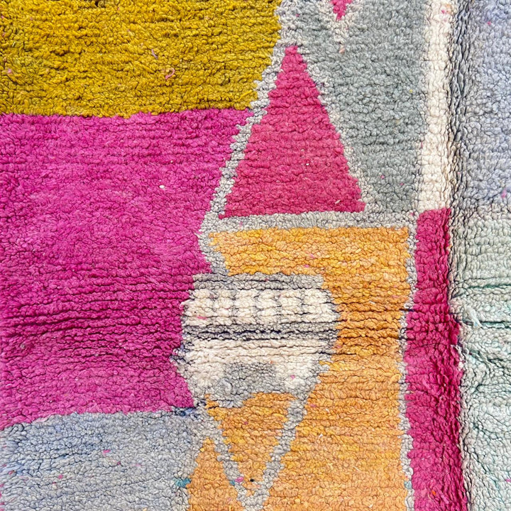 Vintage Moroccan wool rug 732 – handmade pink and mustard Berber carpet with geometric color block design (258 × 155 cm / 8.46 × 5.08 ft).