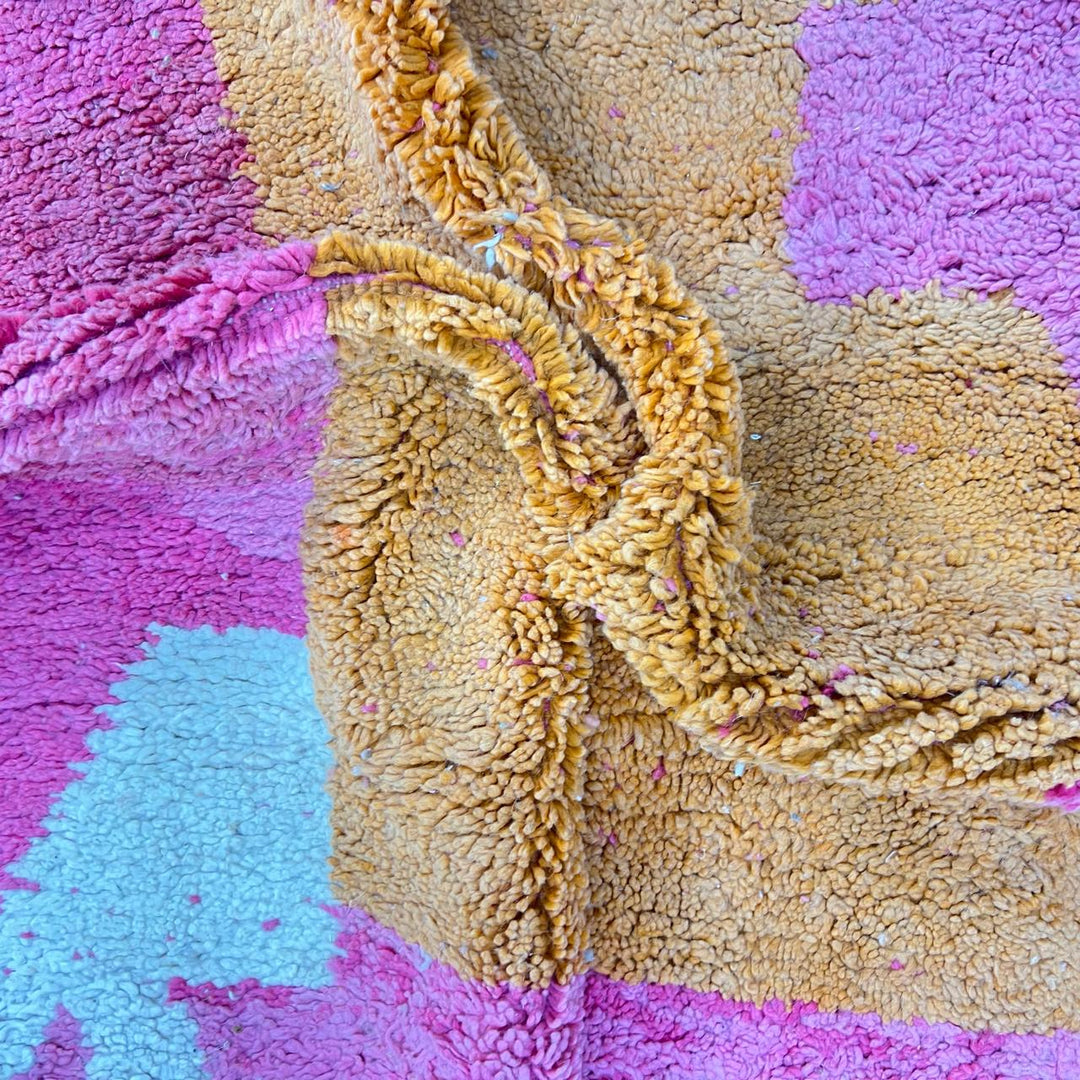 Vintage Moroccan wool rug 848 – handmade pink and orange Berber carpet, abstract color-block design, medium pile, 311 × 190 cm (10.20 × 6.23 ft).