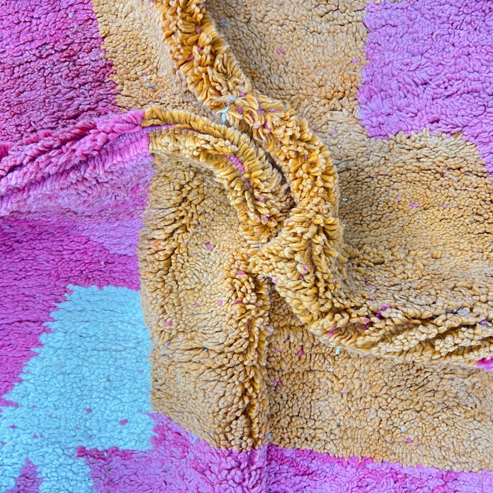 Vintage Moroccan wool rug 848 – handmade pink and orange Berber carpet, abstract color-block design, medium pile, 311 × 190 cm (10.20 × 6.23 ft).