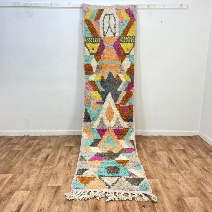 Vintage Moroccan wool runner rug 778 – colorful handmade Berber carpet in orange, teal, and fuchsia geometric pattern, 306 × 78 cm (10.03 × 2.56 ft).