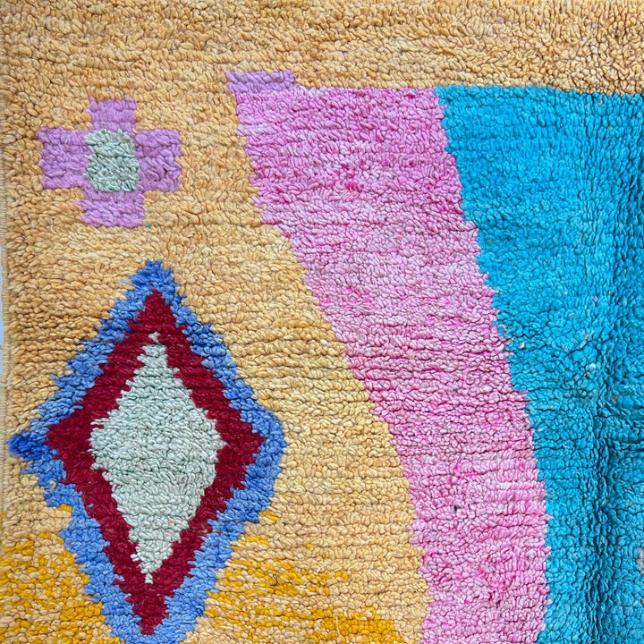 Vintage Moroccan wool rug 763 – handmade colorful Berber carpet with yellow, turquoise, pink, and red geometric diamond patterns (283 × 162 cm / 9.28 × 5.31 ft).