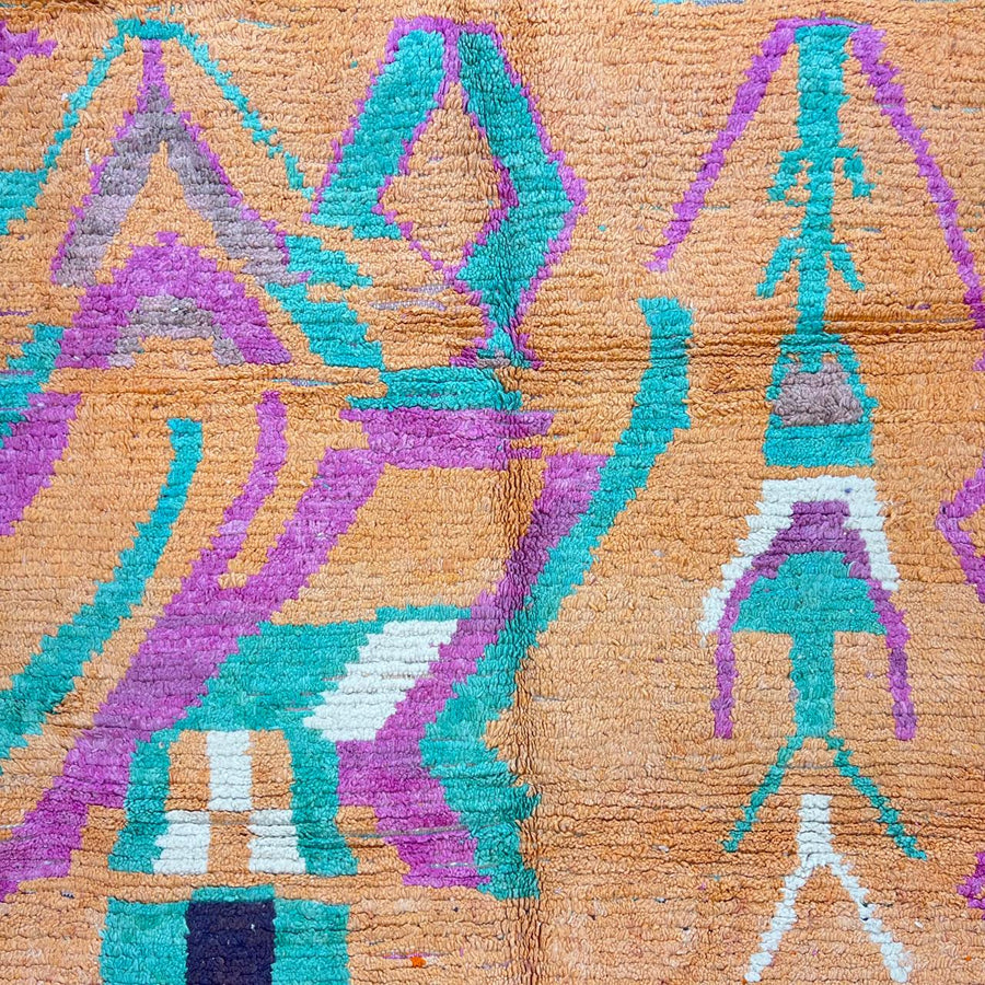 Vintage Moroccan wool rug 833 – handmade Berber carpet with orange, yellow, green, and purple tribal geometric patterns, 284 × 196 cm (9.31 × 6.43 ft).