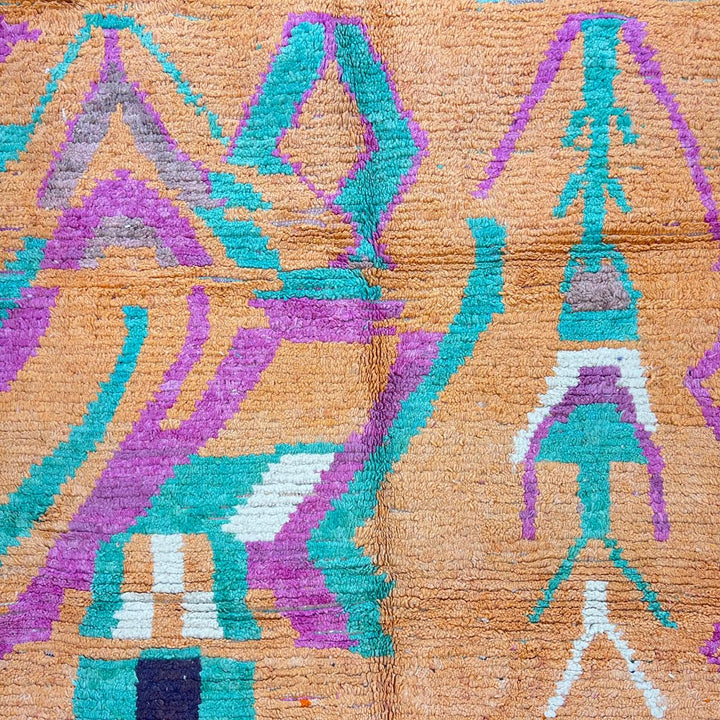 Vintage Moroccan wool rug 833 – handmade Berber carpet with orange, yellow, green, and purple tribal geometric patterns, 284 × 196 cm (9.31 × 6.43 ft).