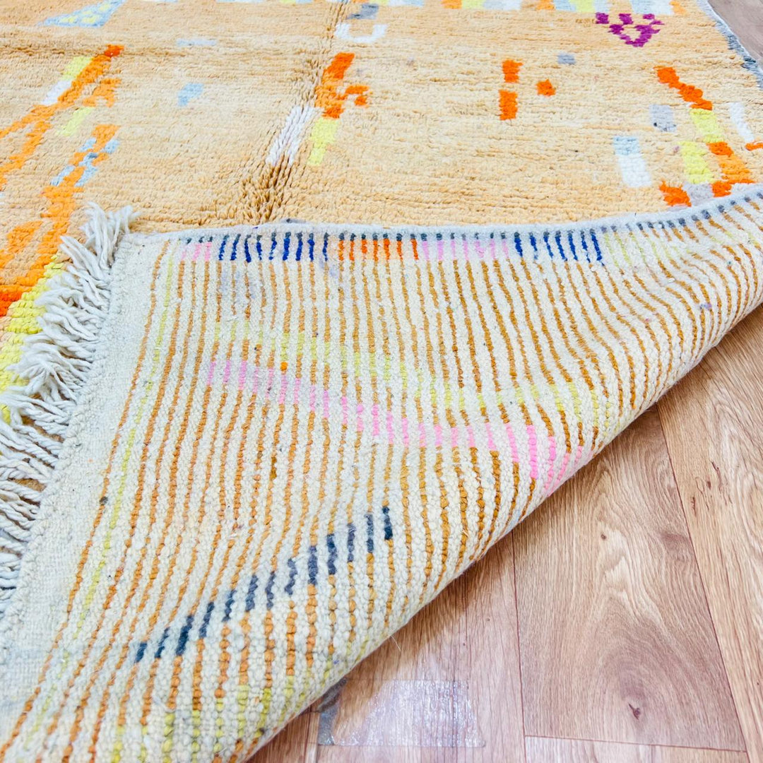 Vintage Moroccan wool rug with beige, orange and yellow abstract Berber pattern
