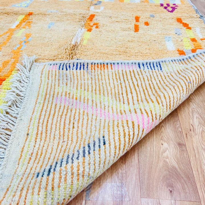 Vintage Moroccan wool rug with beige, orange and yellow abstract Berber pattern