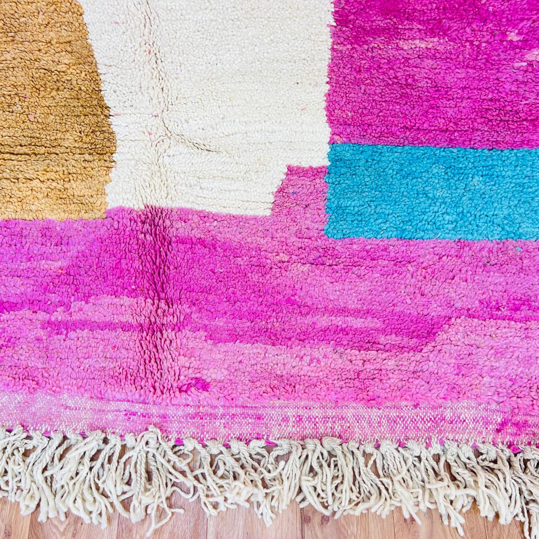 Vintage Moroccan rug handmade from wool with pink camel ivory color block design, 261x157 cm