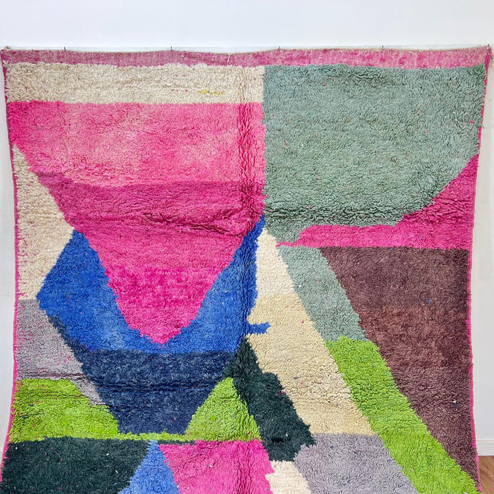 Vintage Moroccan wool rug 853 – colorful abstract handmade Berber carpet in pink, blue, green, and beige (287 × 209 cm / 9.41 × 6.86 ft).