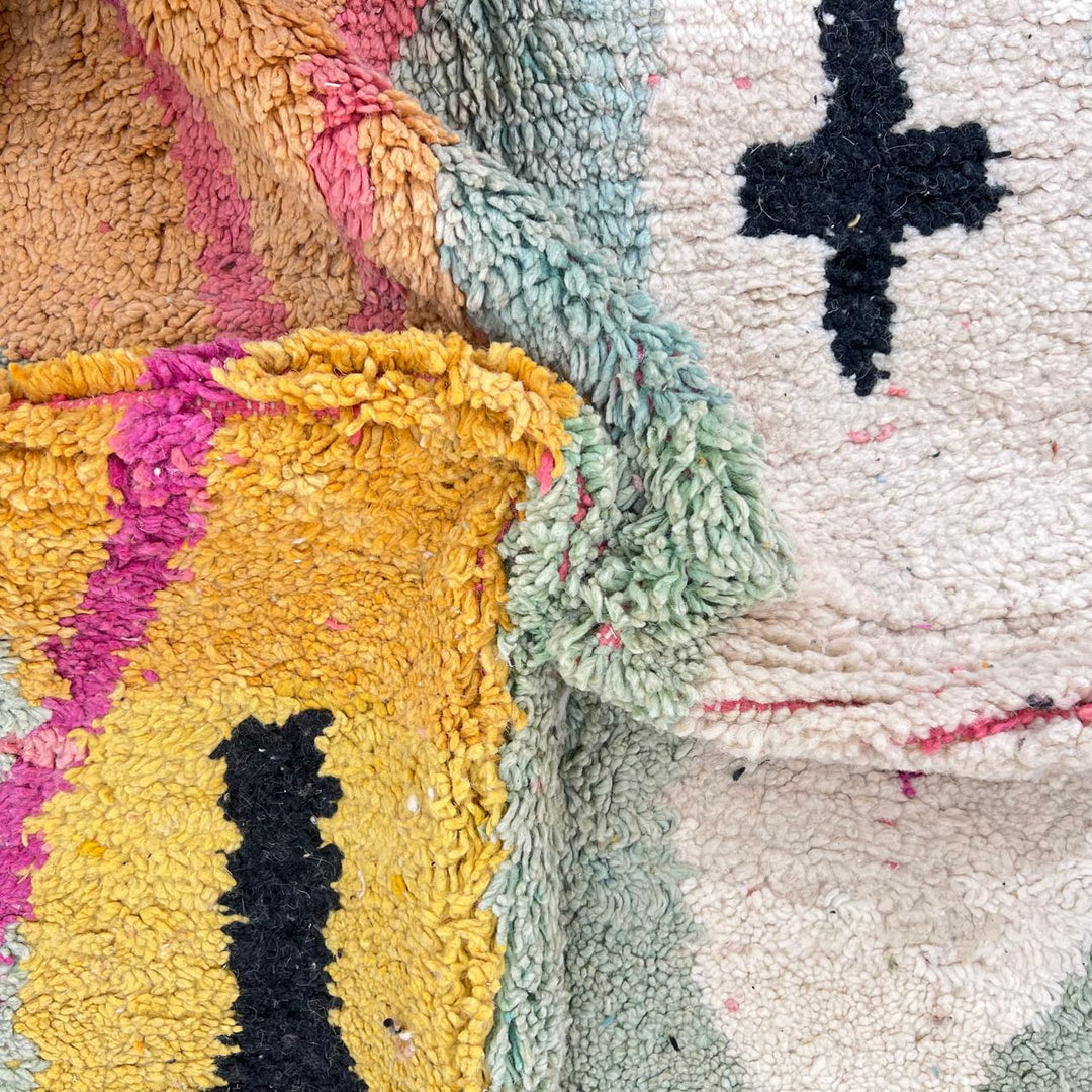 Vintage Moroccan Wool Rug – Turquoise & Yellow Abstract Berber Carpet 857