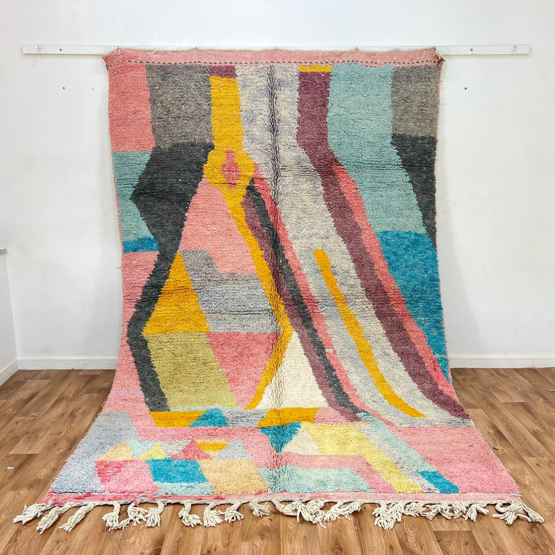 Vintage Moroccan wool rug 875 – handmade colorful Berber carpet with geometric shapes in pink, yellow, and turquoise (300 × 198 cm / 9.84 × 6.5 ft).