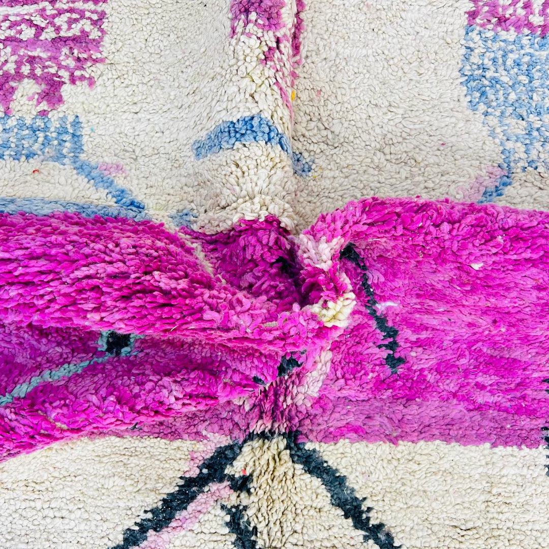 Vintage Moroccan rug handmade from pink Berber wool with abstract tribal design, 253x164 cm