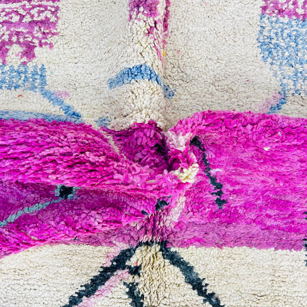 Vintage Moroccan rug handmade from pink Berber wool with abstract tribal design, 253x164 cm