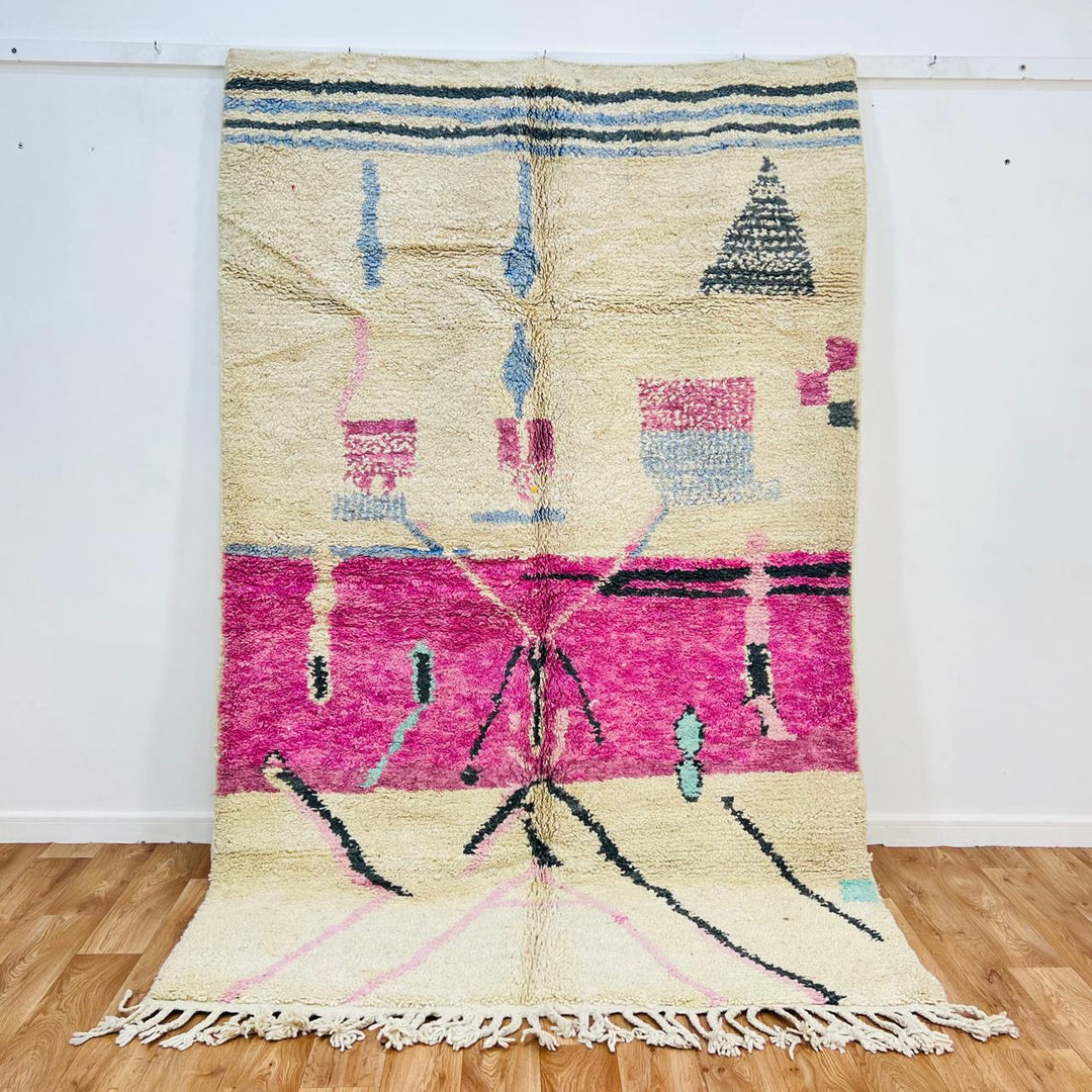 Vintage Moroccan rug handmade from pink Berber wool with abstract tribal design, 253x164 cm