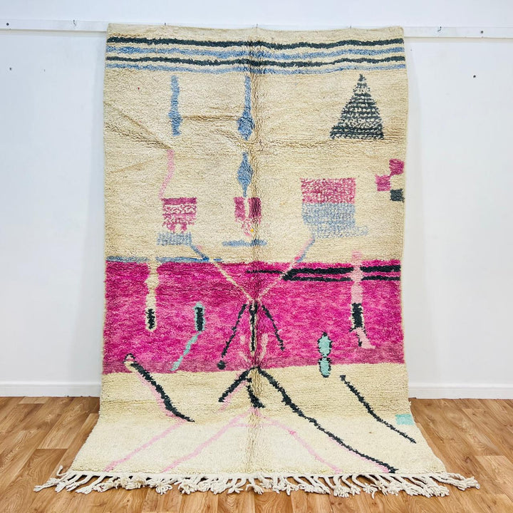 Vintage Moroccan rug handmade from pink Berber wool with abstract tribal design, 253x164 cm