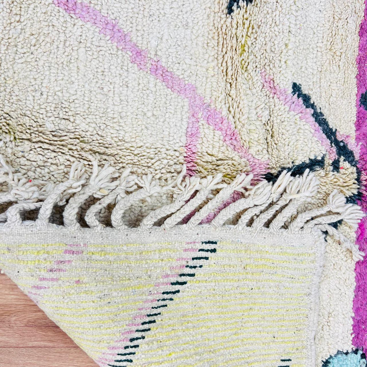 Vintage Moroccan rug handmade from pink Berber wool with abstract tribal design, 253x164 cm