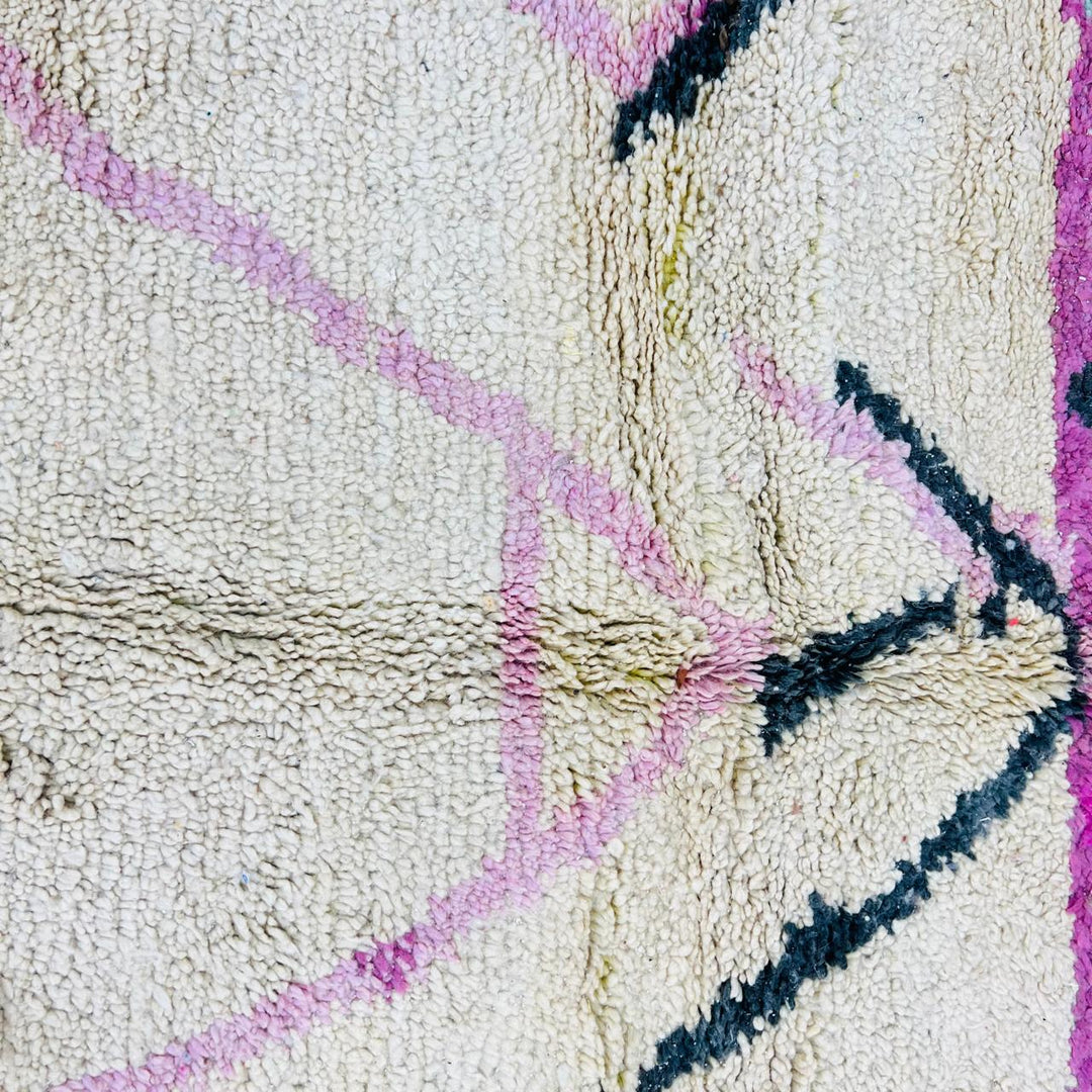 Vintage Moroccan rug handmade from pink Berber wool with abstract tribal design, 253x164 cm