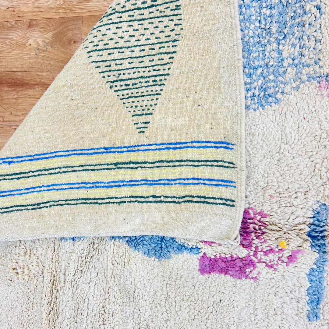 Vintage Moroccan rug handmade from pink Berber wool with abstract tribal design, 253x164 cm