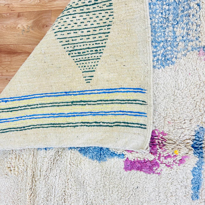 Vintage Moroccan rug handmade from pink Berber wool with abstract tribal design, 253x164 cm
