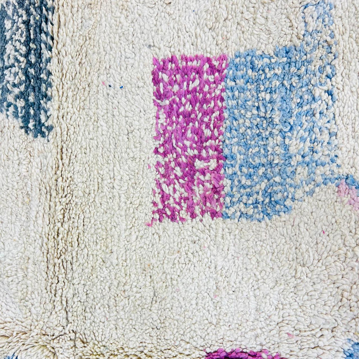 Vintage Moroccan rug handmade from pink Berber wool with abstract tribal design, 253x164 cm