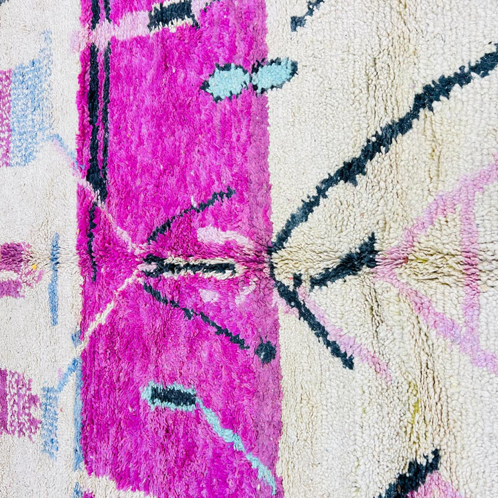 Vintage Moroccan rug handmade from pink Berber wool with abstract tribal design, 253x164 cm