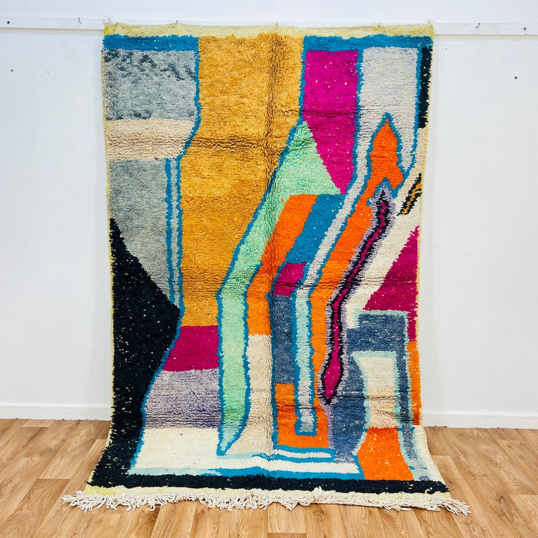 Vintage Moroccan rug handmade from abstract Berber wool with colorful flowing design, 245x155 cm